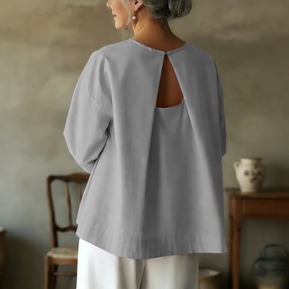 Craaazy Womens Solid Color Crewneck Cotton Long Sleeve Tops with Back Keyhole Cutout for Summer Daily Wear Gift
