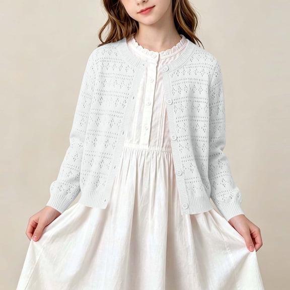 Kids Solid Color Cardigan, Long Sleeve Round Neck Knitted Sweater, Casual Comfortable Outerwear For Kids White 1-2 Years