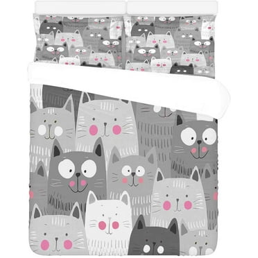 FMSHPON 3 Piece Bedding Set Cute Cats Grey Twin Size Duvet Cover with 2 Pillowcase for Home Bedding Room Decoration