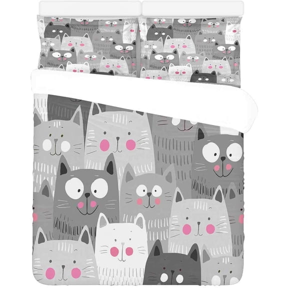 FMSHPON 3 Piece Bedding Set Cute Cats Grey Twin Size Duvet Cover with 2 Pillowcase for Home Bedding Room Decoration