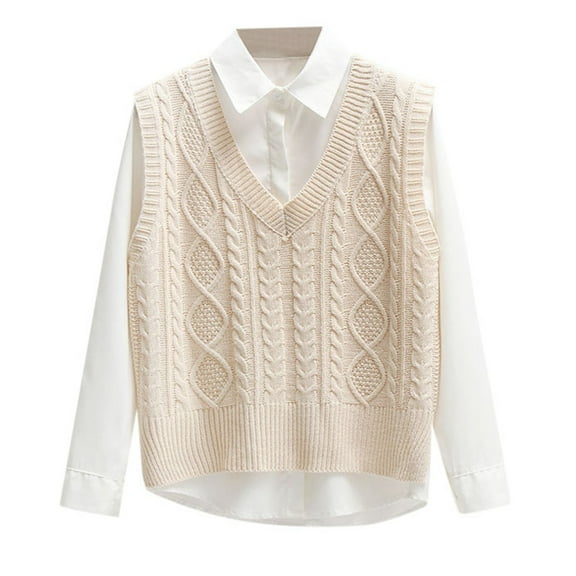 RMGVDSD Women's Sweater Set Long Sleeve Dress Shirts And Sleeveless Sweater Vest Solid Color Fall Winter Outfits Loose Knit Pullover Tops /Beige