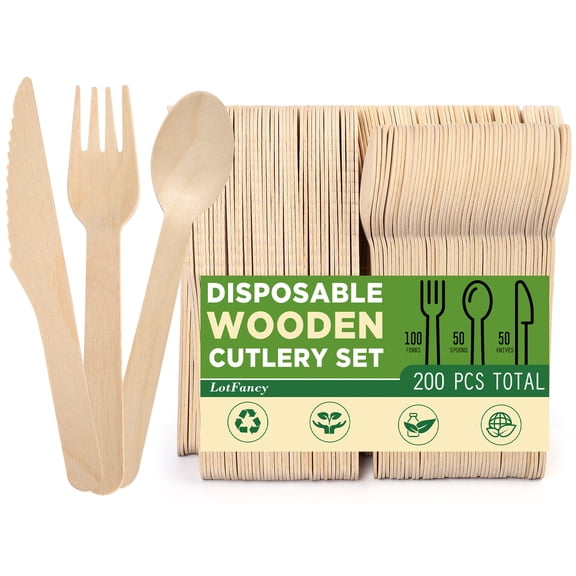 LotFancy 200 Pc utensils, Wooden Disposable Cutlery Set,100 Forks, 50 Spoons, 50 Knives