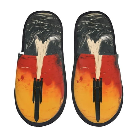 Balery Retro Space Rocket Launch Slient Indoor Furry Fleece Comfort House Shoes Soft Non-Slip Home Shoes Cotton slippers House Slippers-- Medium