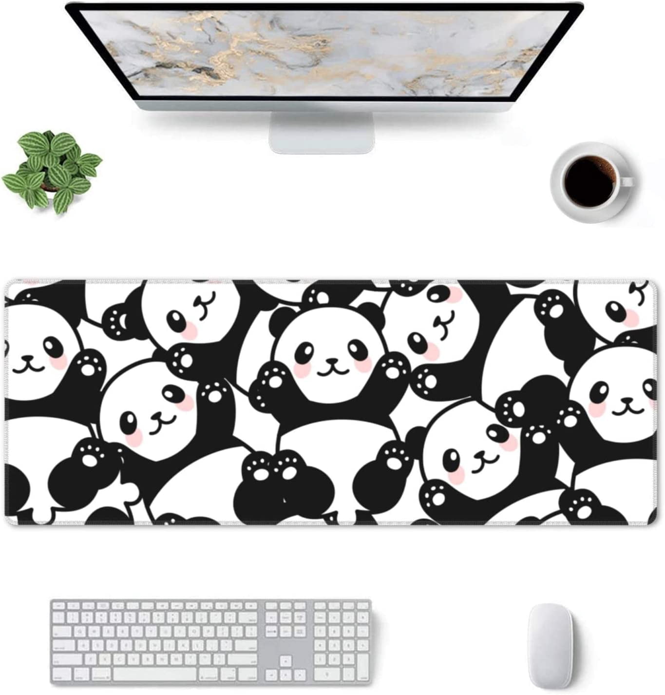 Cute Panda Print Mouse Pad Extended Large Gaming Mouse Pad XL Oversized Desk Pad Stitched Edges Non-Slip Mat 31.5 X 11.8 Inch