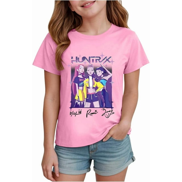 K pop Demon Chandail pour Filles, T-Shirt Graphique Mignon avec Dessin Animé, T-Shirt Tendance et Drôle, Chandail pour Enfants, Hauts Roses, Manches Courtes, Col Ras du Cou