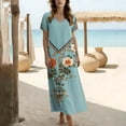 thumbnail image 7 of Women Dresses Ndbuld Women's Loose Short Sleeved Round Neck Fashion Bohemian Flared Split Floor-Length Maxi Dress Light Blue XL, 7 of 7