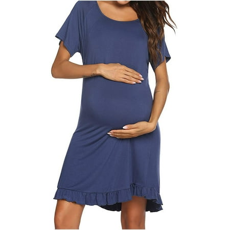 

asdoklhq Maternity Dresses for Women Plus Size Solid Short Sleeve Breast-Feeding Pregnant Woman Maternity Dress