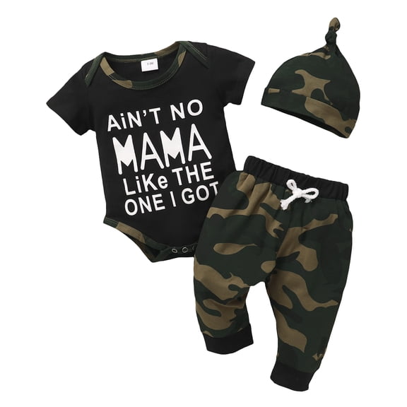 KIMI BEAR Newborn Baby Boys Outfits Sets 6-12 Months Summer Clothes Sets Short Sleeves Pullover Romper Top Letter Print Top Camouflage Pants with Hat 3pcs Black
