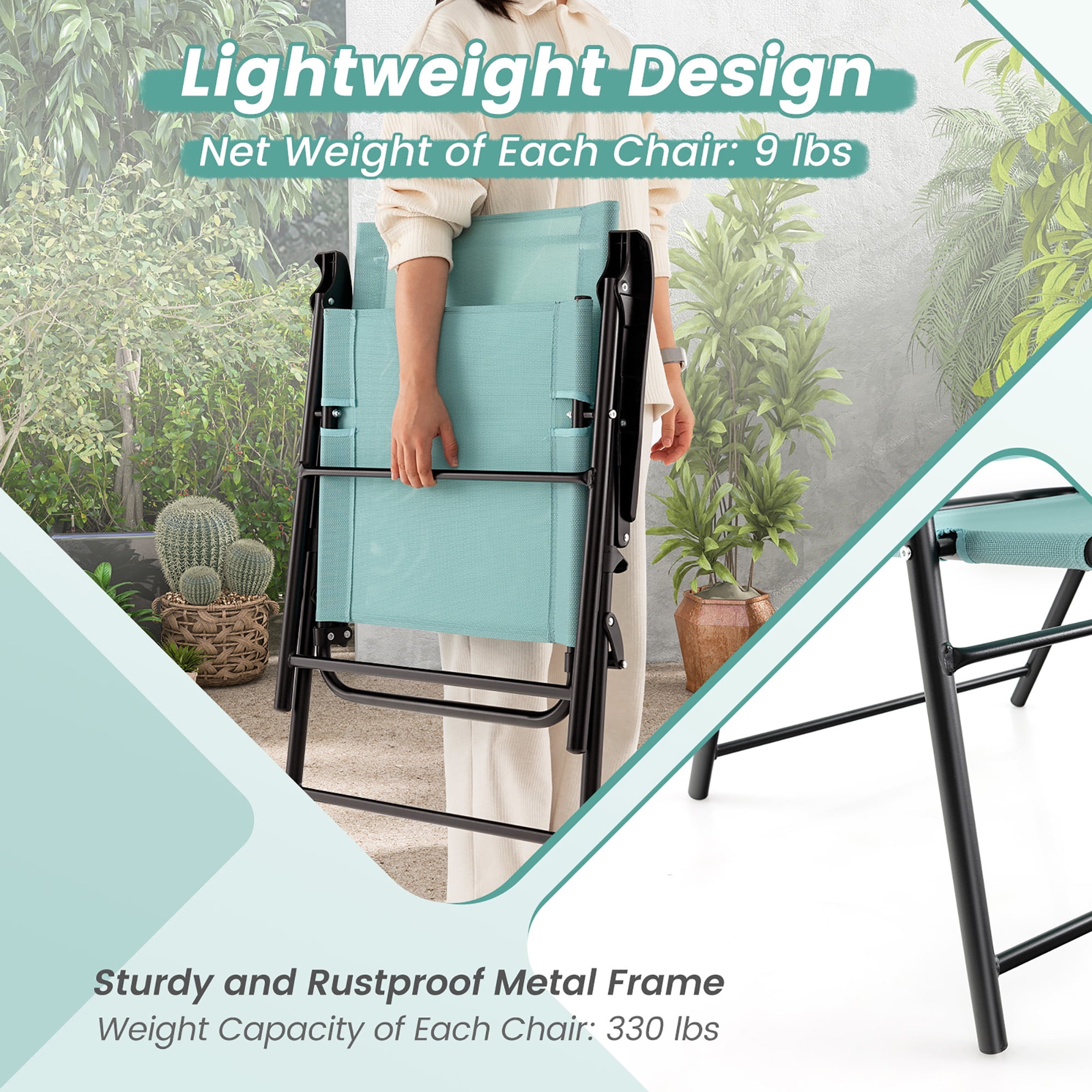 Costway Patio 4pcs Folding Sling Back Chair Portable Armrests Metal Outdoor Dining Green