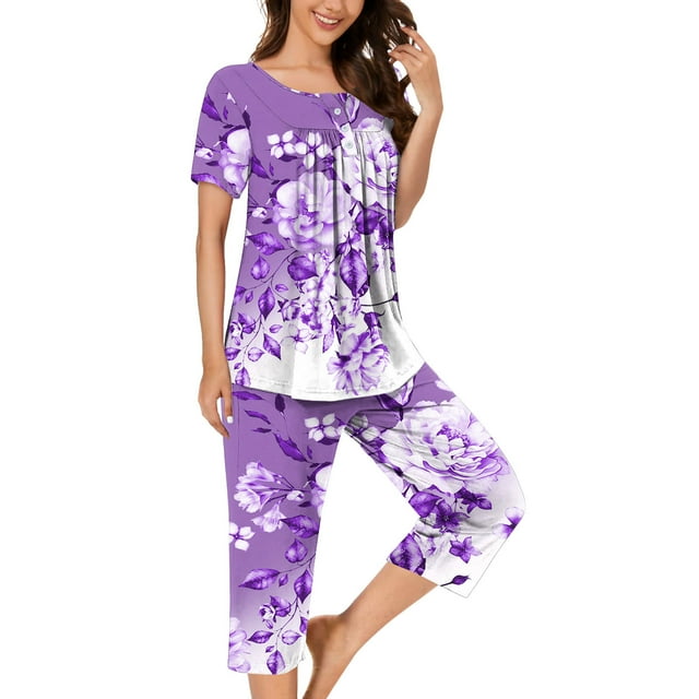 Pisexur Ensembles de Pyjama pour Femmes Mode Chemises de Nuit à Imprimé Floral pour Femmes Ensemble de Sommeil 2 Pcs Été Décontracté Col Rond Blouses Plissées Boutonnées Hauts et Pantalons Longueur sous le Genou avec Poches