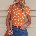 thumbnail image 4 of KLL Women 's Crew Neck Bodysuit Jumpsuits Orange And White Polka Dot Print Short onesies Stretch T Shirts, 4 of 5