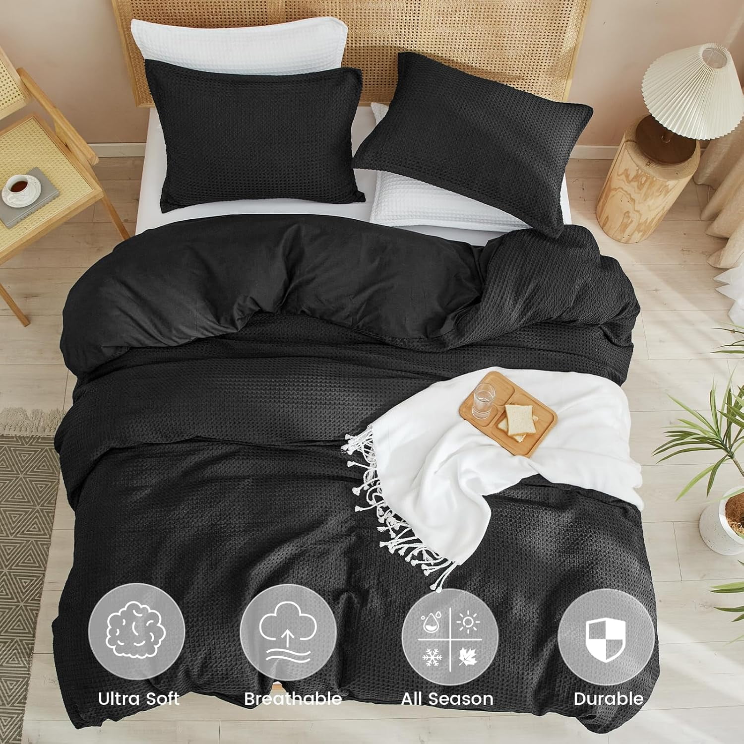 PHF Waffle Duvet Cover Set King Size, 3 Pieces Soft Breathable Bedding Comforter Cover for All Seasons, Waffle Textured Duvet Cover with 2 Pillow Shams Bedding Collection, 104"x90", Black