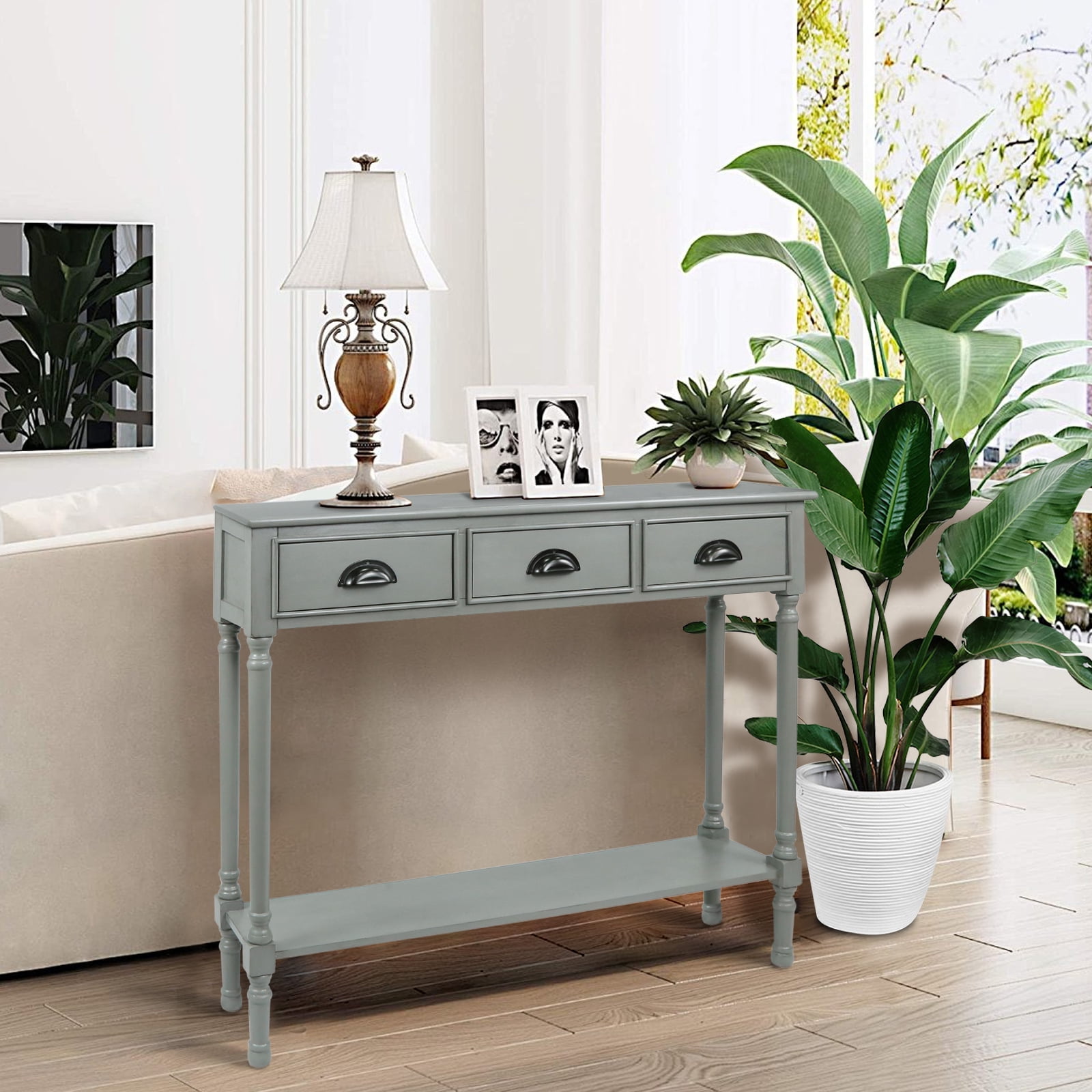 Urbanest Burlington Solid Wood Console Table with 3 Drawers & Lower Shelf – Entryway Table, Hallway Sofa Table, Narrow Accent Table for Living Room – 39.5″ × 9.5″ × 32″ – Vendee Gray Farmhouse Decor