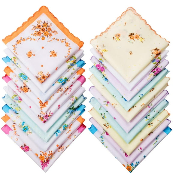 WeiDongzhuo 20pcs Women's Handkerchiefs, Soft Cotton Ladies Hankies, 11 x 11" Classic Floral Printing Pocket Square, Random Colors