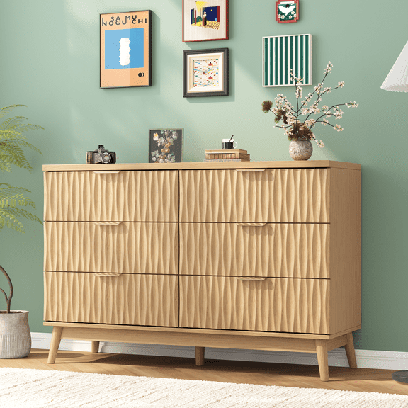 47"W Fluted 6 Drawers Dresser for Bedroom, Modern Chest of Drawers with Metal Handle, Wooden TV Stand for Living Room, Hallway