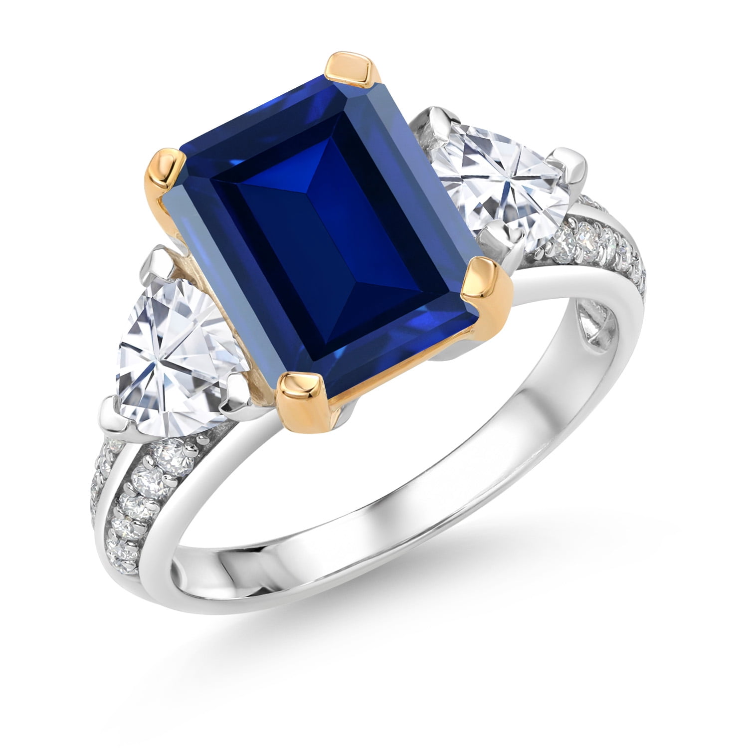 Gem Stone King 5.13 Cttw Blue Created Sapphire and White Moissanite 3-Stone Engagement Ring for Women | 925 Sterling Silver and 10K Yellow Gold | Emerald Cut 10X8MM | Size 6