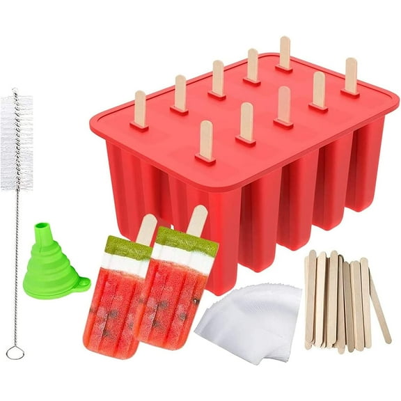 Popsicle Molds, BPA Free Food Grade Silicone, Frozen Popsicle Mold, Ice Pop Cream Maker, 10-Cavity Popsicle Maker Molds, Includ 50 Wooden Sticks & Cleaning Brush& Funnel & 100 Popsicle Bags, Red
