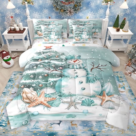 Castle Fairy Teens Children Kawaii Xmas Snowman 7-Piece Twin Bedding Sets Sea Starfish Seashell Bedding Comforter Set Merry Christmas Breathable Sheet Sets Super Cozy Room Decor