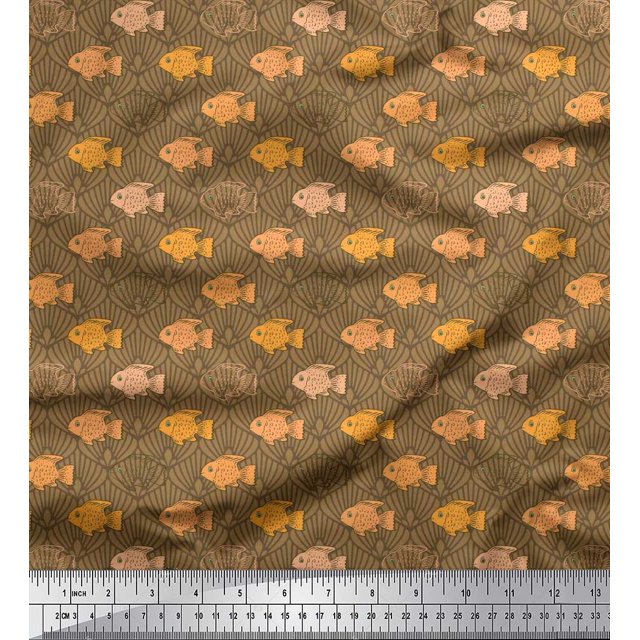 Soimoi Crepe Silk Fabric Fish & Shells Ocean Print Sewing Fabric Yard 42 Inch Wide