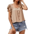 thumbnail image 4 of QAFOPEH Women Square Neck Backless Ruffle Short Sleeve Buttons Solid Color Top, 4 of 7