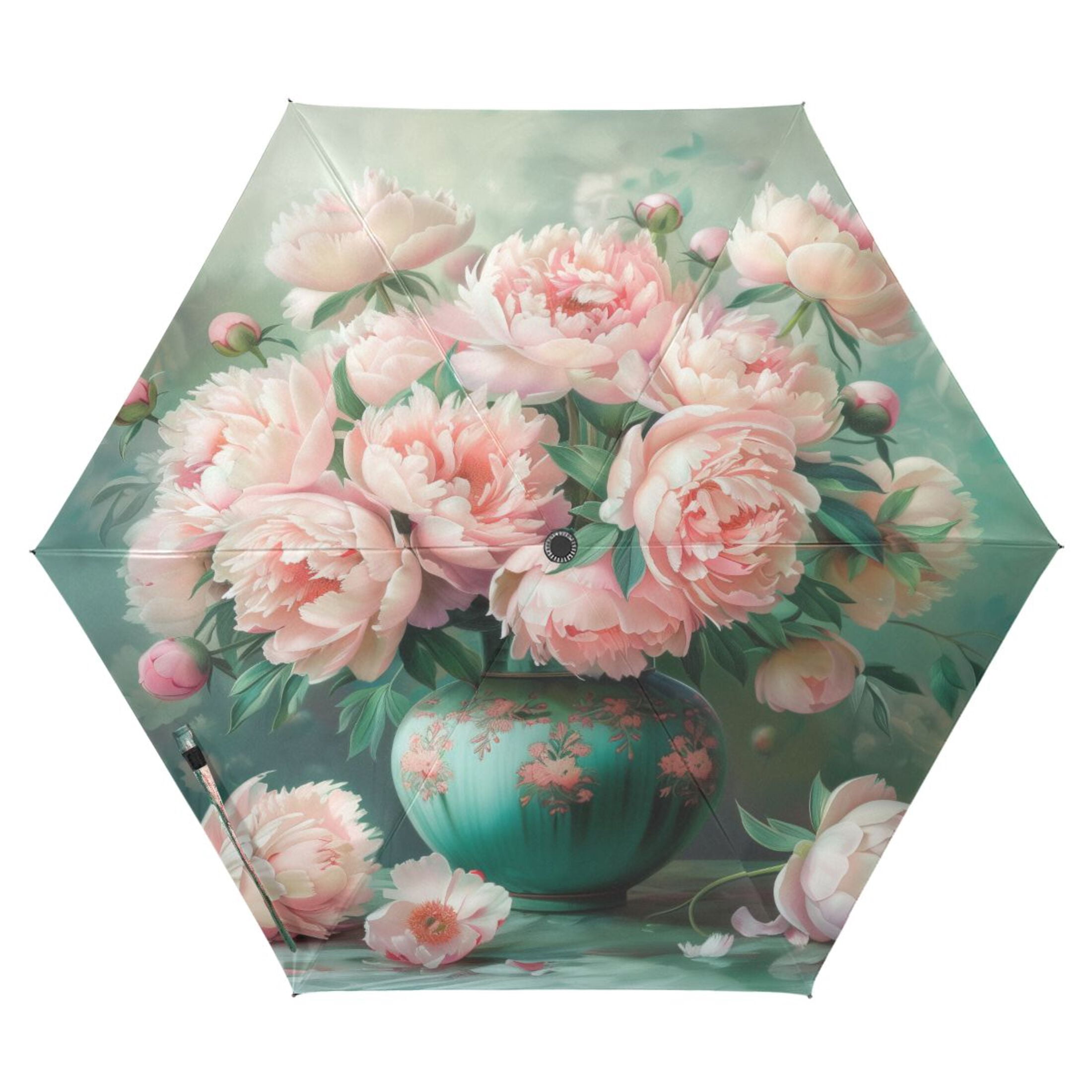Compact Sun Umbrella Windproof Travel Umbrellas for Rain Strong Portable UV Protection Peonies Bouquet in Vases