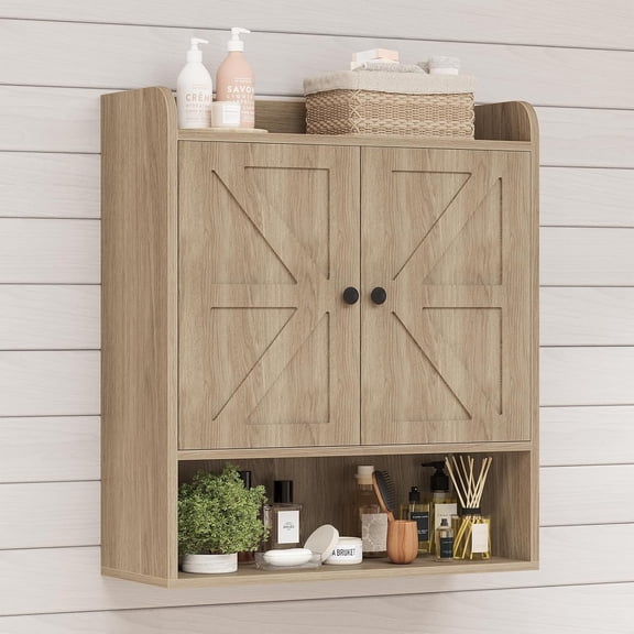 22" W x 26" H Bathroom Wall Cabinet, Farmhouse Medicine Cabinet with Adjustable Shelves and Double Barn Doors, Over The Toilet Storage Cabinet for Bathroom, Kitchen, Living Room, Oak Grey