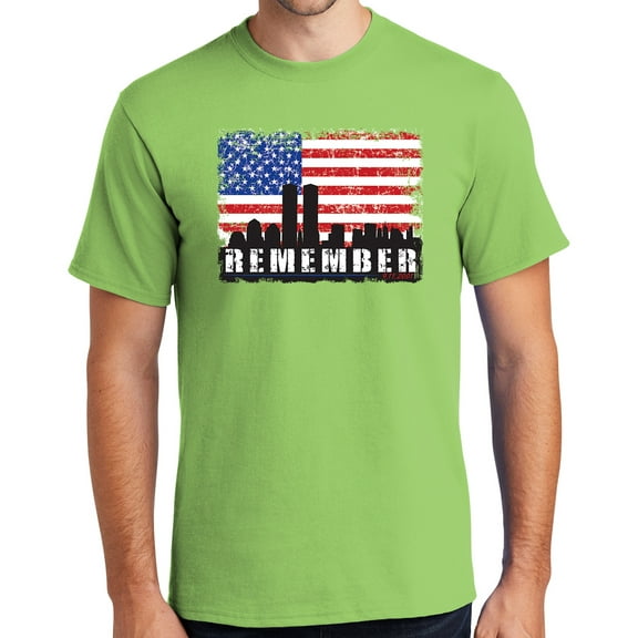 Mens Remember 9-11, 2001 Sept 11th Cotton Tee Shirt, 2XL Lime Green