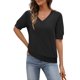 thumbnail image 1 of Top MEROKEETY para mujer, manga corta, cuello en V, de verano, negro, 1 of 6