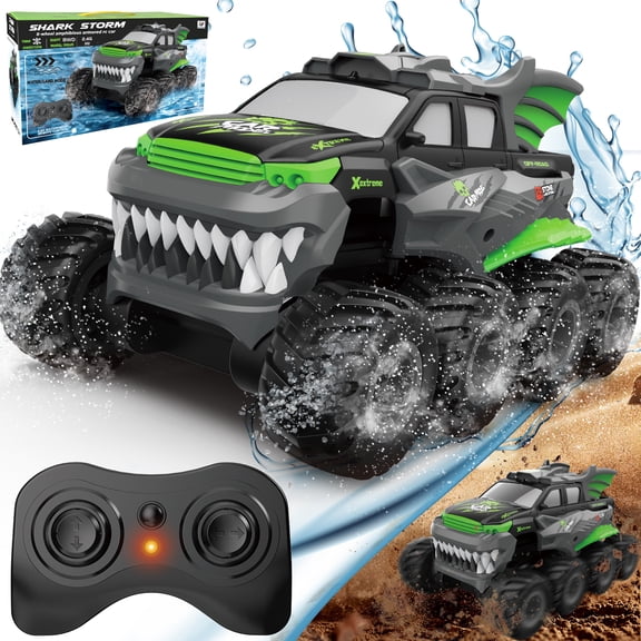 Amphibious Remote Control Car 8WD RC Monster Truck with 2 Rechargeable Batteries for Boys Age 8-12 Offroad Waterproof RC Pickup 2.4GHz All Terrain RC Drift Cars Beach Pool Toys Gifts for Kids Green