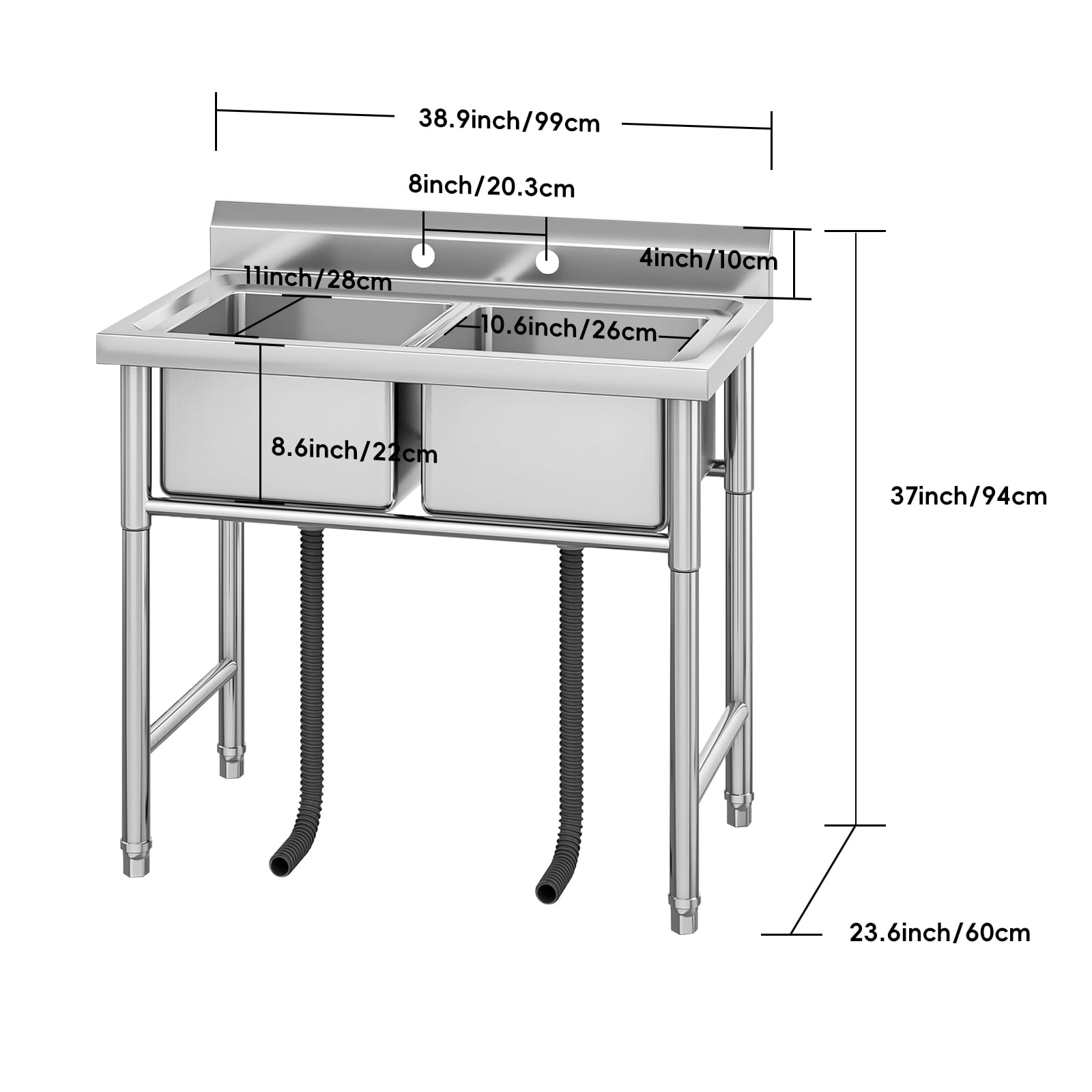 Commercial Stainless Steel Sink,Utility Sink Free Standing Double Bowl for Restaurant