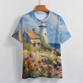 thumbnail image 3 of Lighthouse Sunrise Coast Scenery Pale Blue Tan Women's T-Shirt Short Sleeve T Shirts Tops Tee Ladies Loose T, 3 of 6
