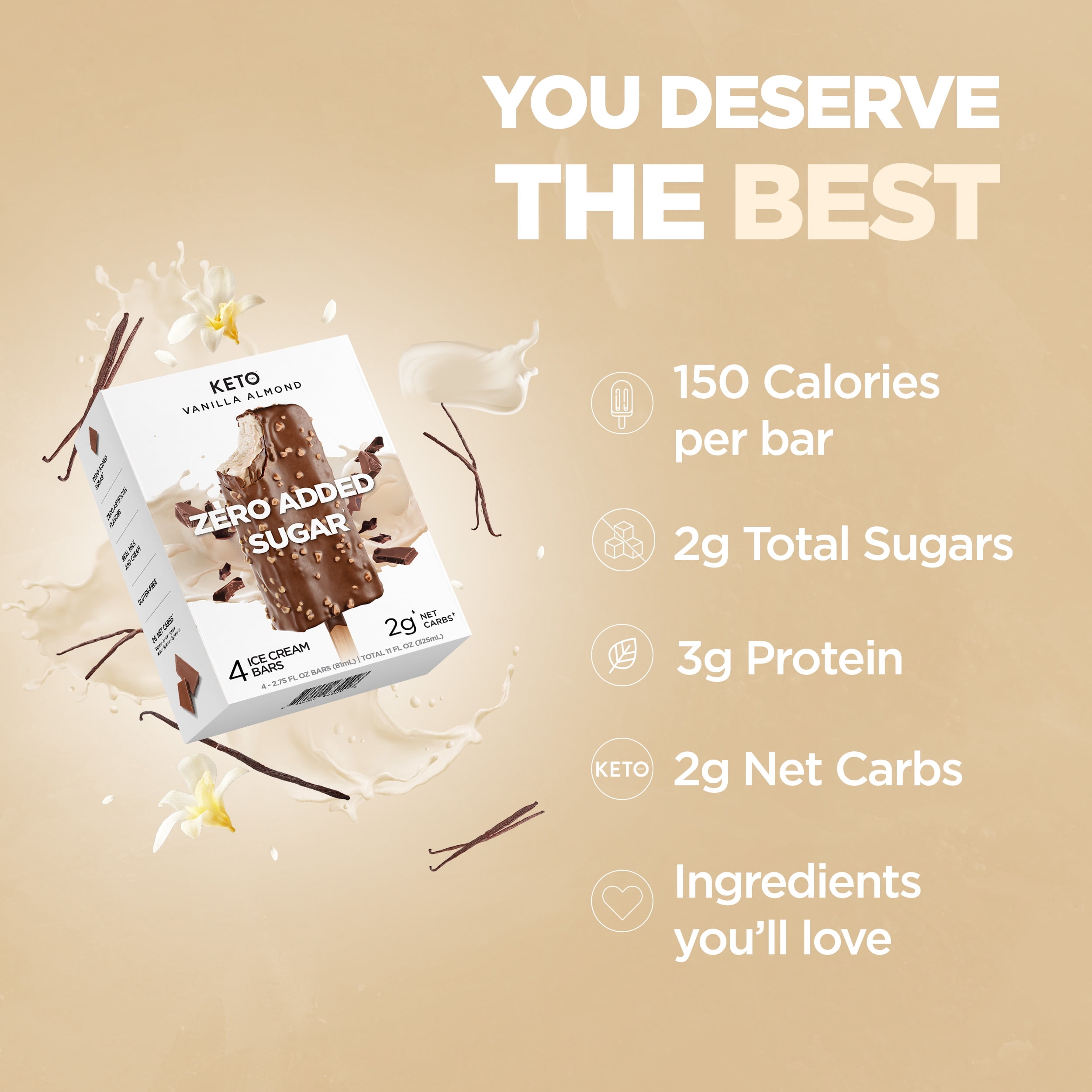 Keto Pint Vanilla Almond Ice Cream Bars, No Added Sugar, 2.75 fl oz, 4 Count