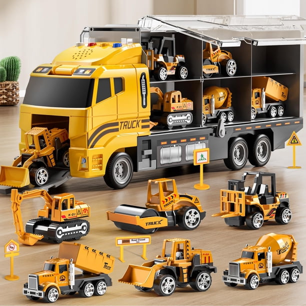 Juego de juguetes TEMI para camiones de construcción con tapete de juego para niños de más de 3 años