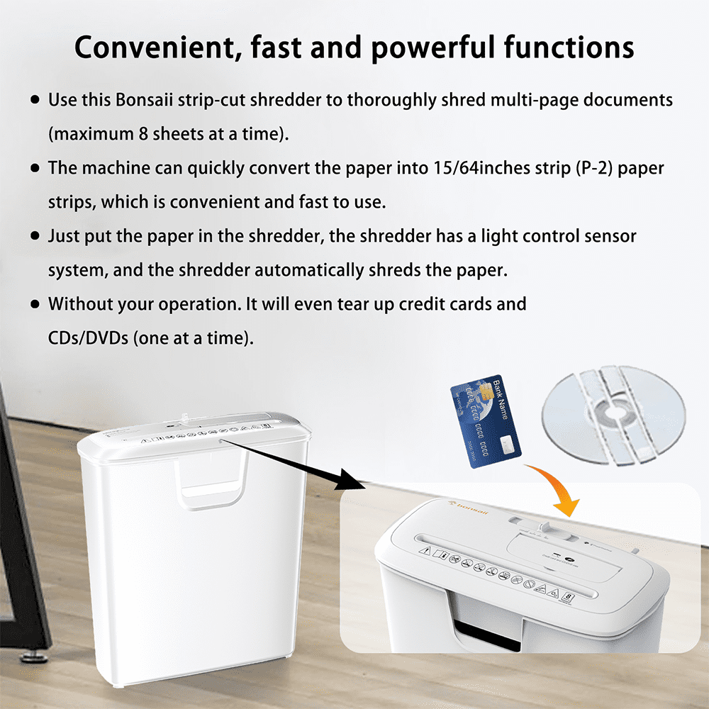 Bonsaii Home Office Shredder, 8-Sheet Strip-Cut, Shreds CDs/Credit Cards, Features Overheat Protection, 3.4-Gallon Bin, White