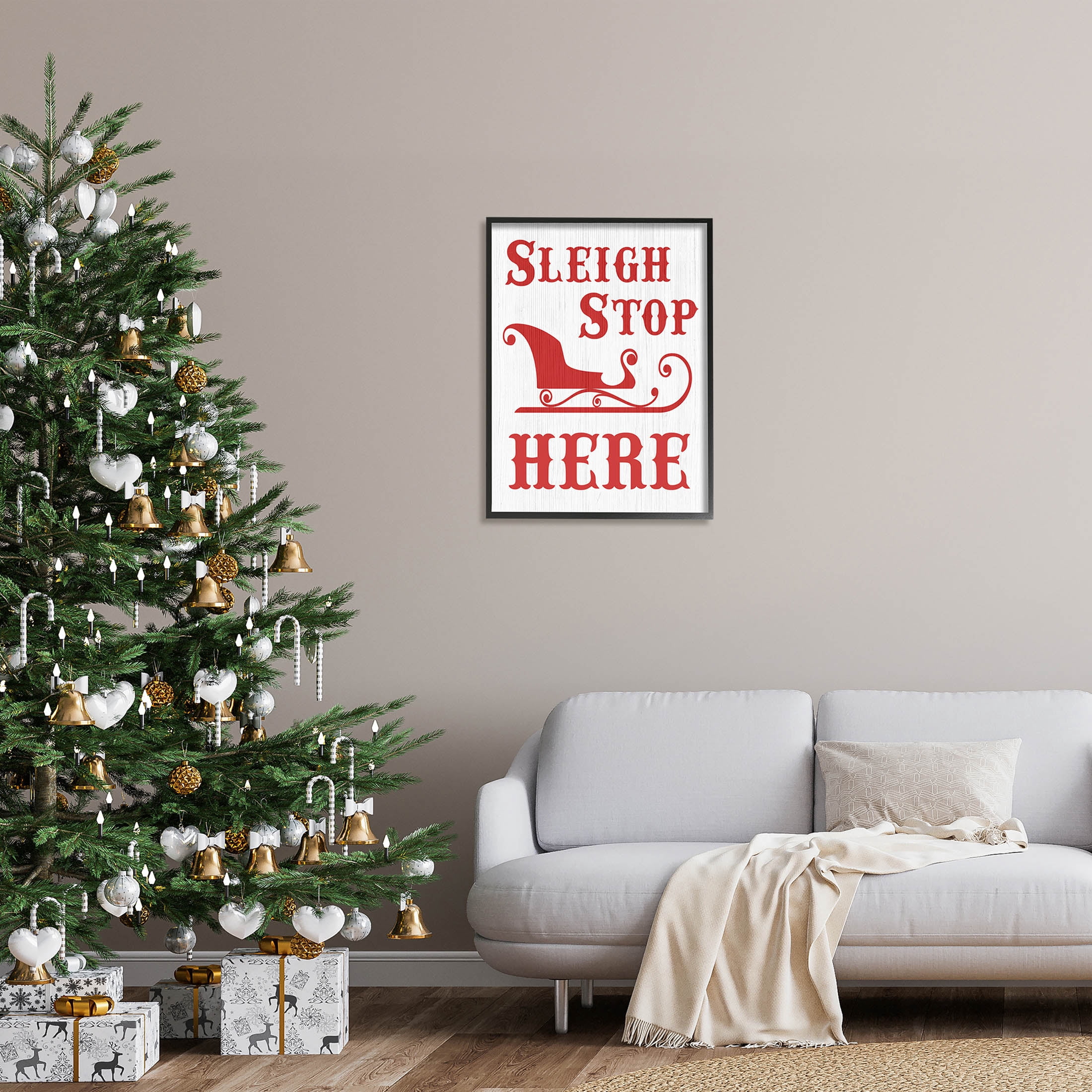 Sleigh Stop Here Christmas Landing Sign Holiday Graphic Art Black Framed Art Print Wall Art