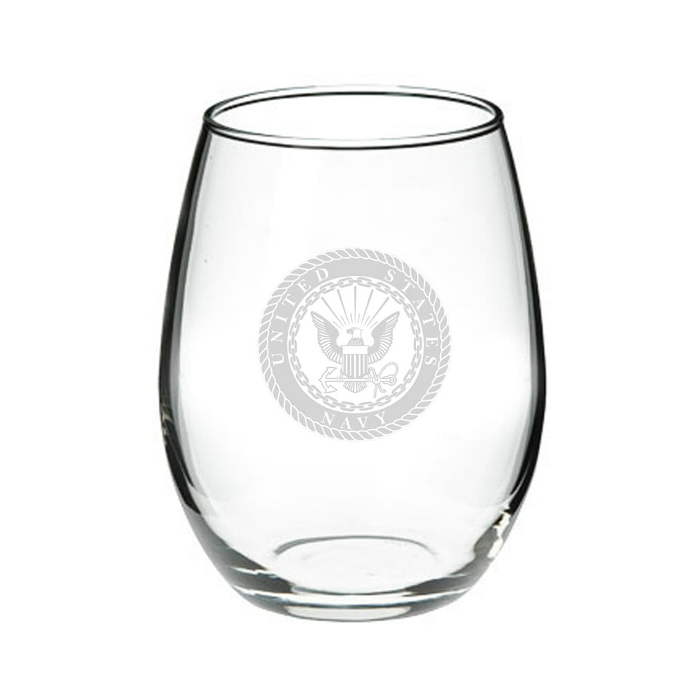 US Navy Deep Etched 15oz Stemless Red Wine Glass
