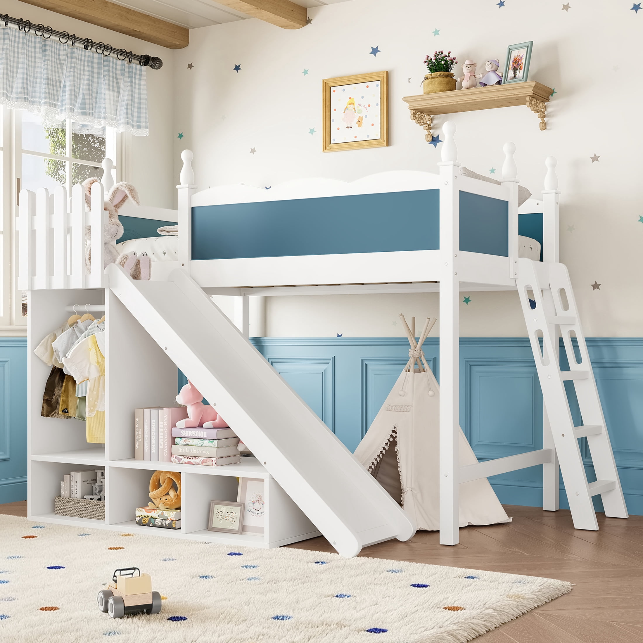 Noble House Twin Loft Bed with Storage Shelves, Detachable Slide and Ladder, White + Blue