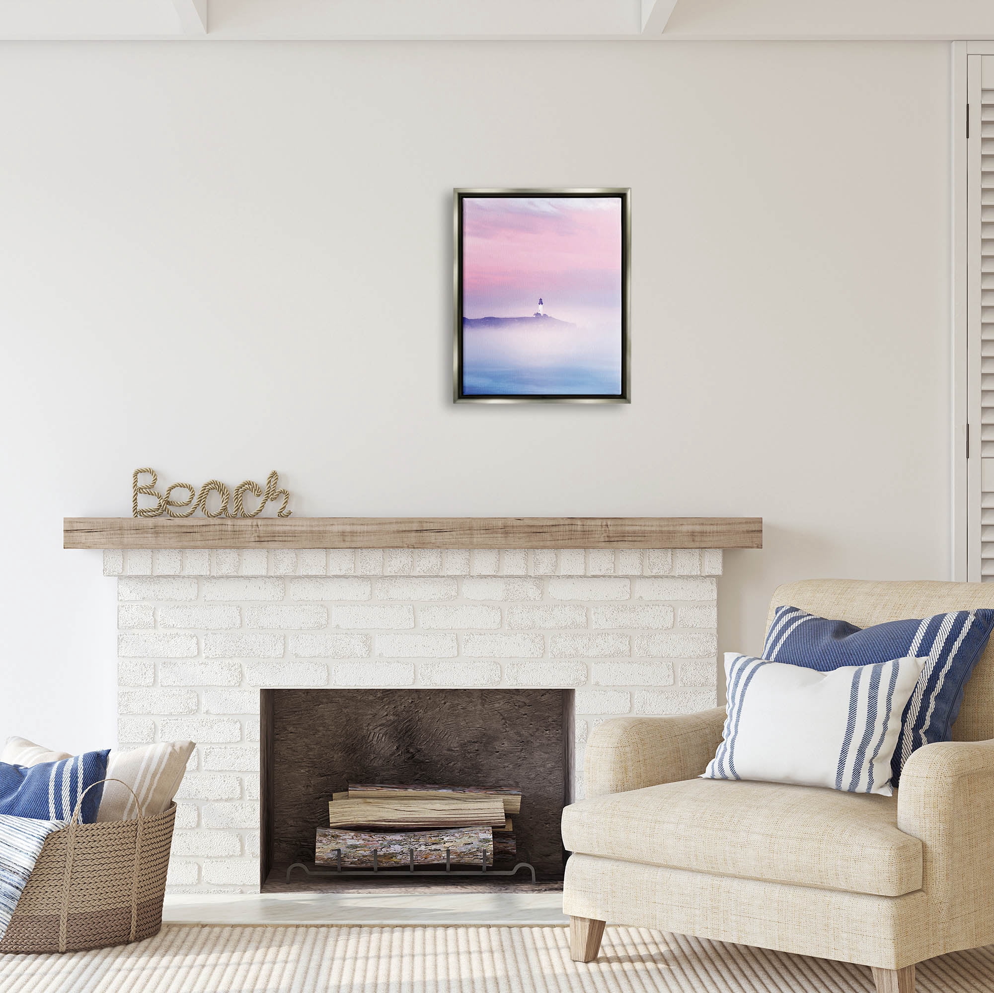 Stupell Industries Foggy Pink & Purple Lighthouse Sky Coastal Photography Gray Floater Framed Art Print Wall Art