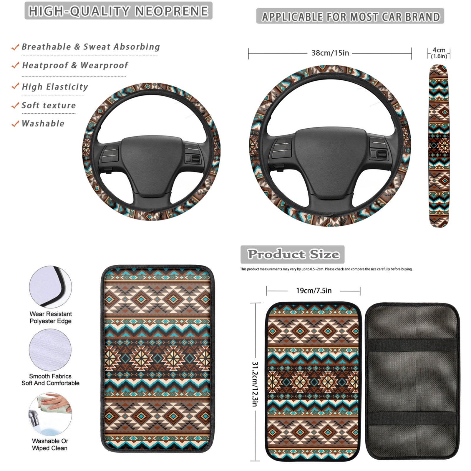 Yuyamidu Aztec African Tribal Car Seat Covers Full Set 13 PCS Auto Steering Wheel Cover Seat Belt Covers Arm Rest Cushion Coasters Wrist Key Ring Automobile Interior Sets