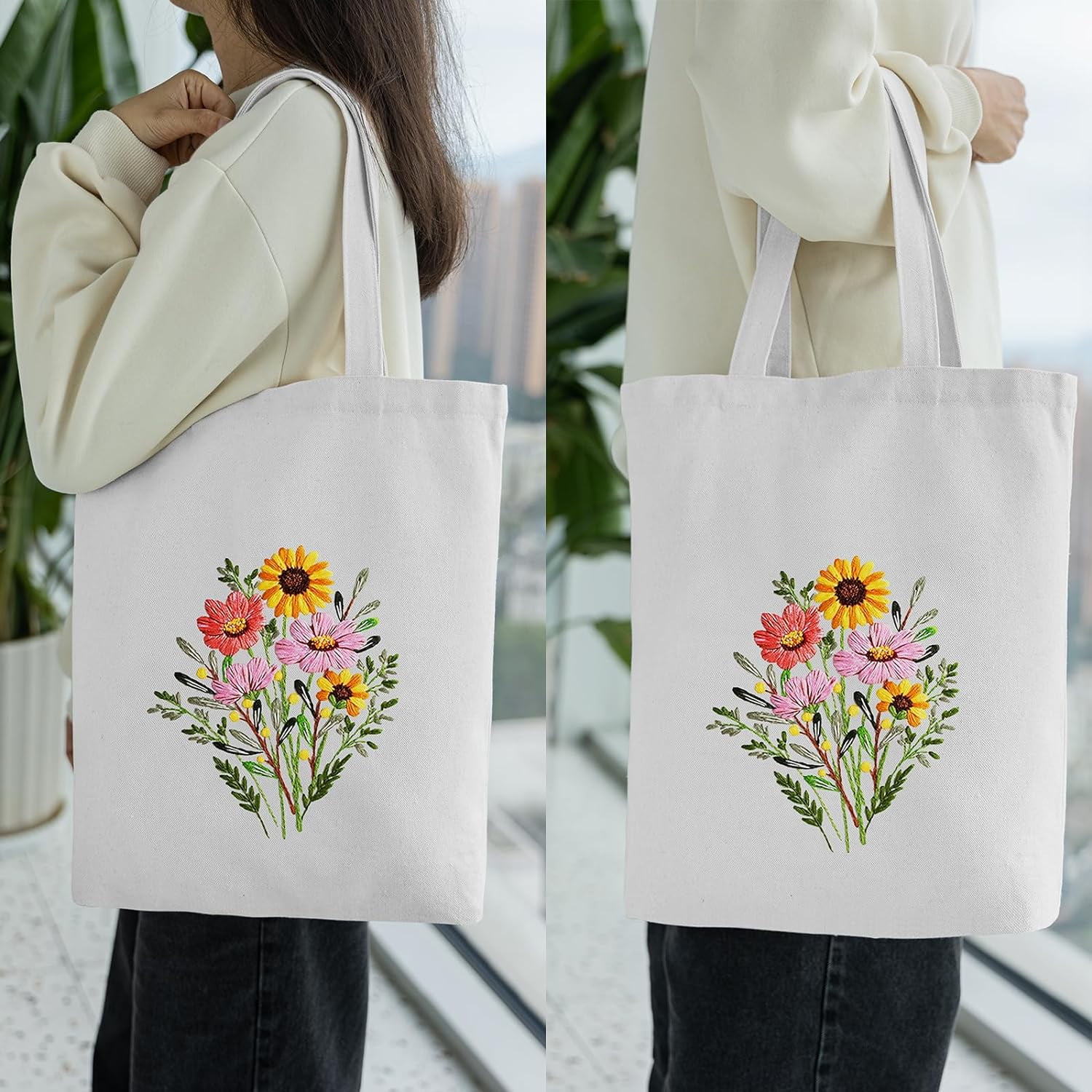 Fresh Style Embroidery Flower and Birds PatternBag Wildflower Embroidery Tote Bag Pattern, DIY Floral Border  main image 2