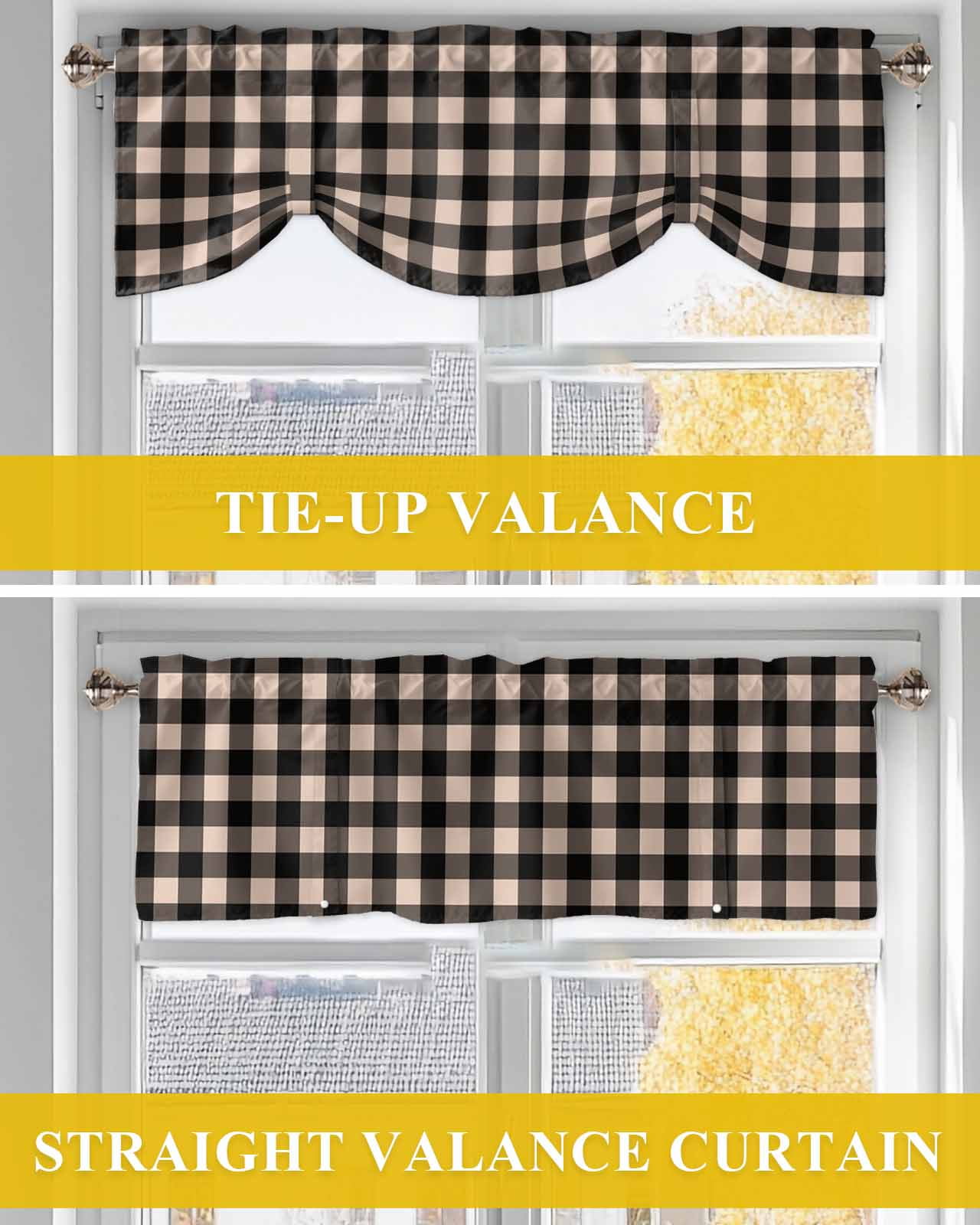Black Brown Retro Plaid Tie Up Valances Curtain, Pastoral Plaid Vintage Style Kitchen Valances for Windows Decor, Rod Pocket Short Curtains Set for Bedroom/Bathroom, 54"x18"