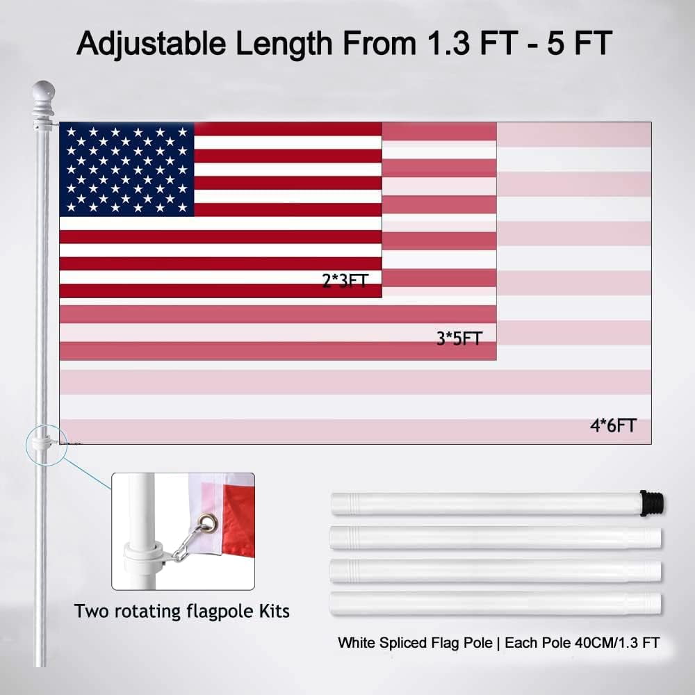 White Flag Pole Kit for House, 5 FT Thickened Stainless Steel Outside Wall Mount Flagpole 3x5' American with 1" Tangle Free 360° Rotating Rings Hardware Porch Residential