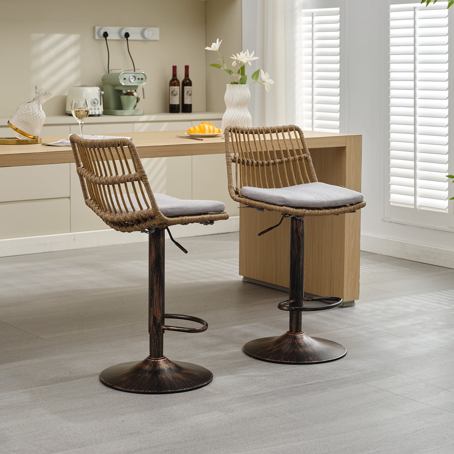 Demi Bonn 35" Counter Height Bar Stools Set of 2, Rattan Swivel Barstools with Back, Kitchen Island Countertop Chairs for Dining Room, Gray