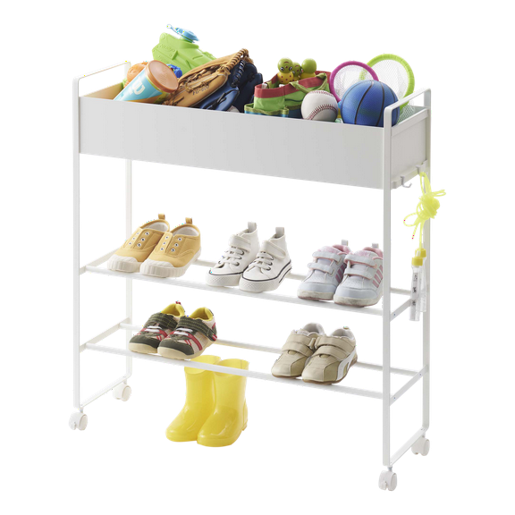 Yamazaki Home Entryway Storage Cart, White, Steel, Holds 6 pairs of shoes, Wheels