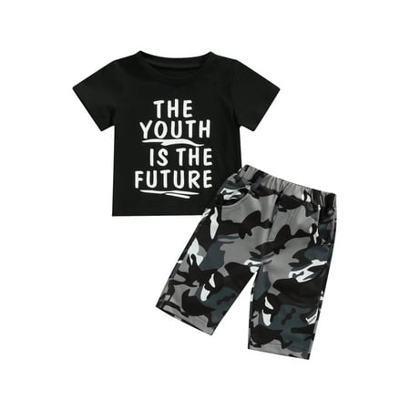 

Canrulo Summer Casual Kids Boys Clothes 2pcs Letter Short Sleeve T Shirts Tops+Camouflage Printed Shorts Sets Black 1-2 Years