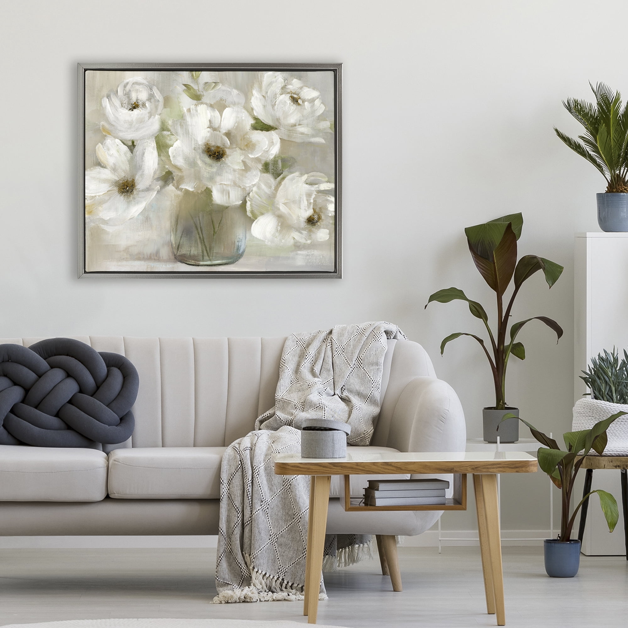 Stupell Industries Gentle White Petals in Vase Gray Framed Floater Canvas Wall Art, design by Nan