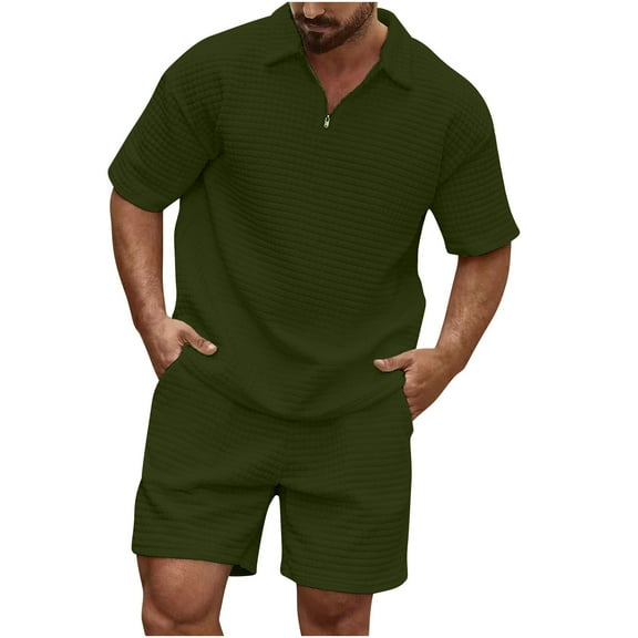Dagegui Mens 2 Pieces Sweatsuits Waffle T-Shirts and Short Pants Sets 1/4 Zip Up Turndown Collar Shirts Solid Casual Loose Fit Set Summer Army Green L