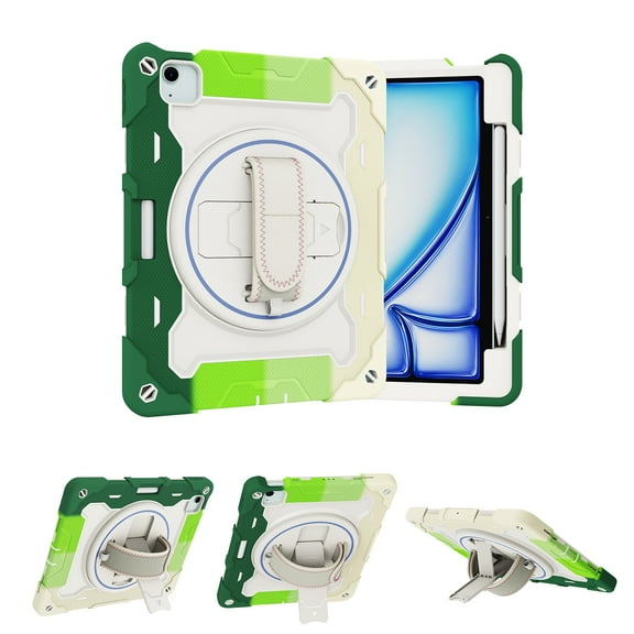Allytechgroup Kids Case for iPad Air 11-inch M2 (2024), Shockproof Protective Silicone Case with Pencil Holder Rotatable Kickstand Hnad Strap for iPad Air 11 Inch Case, Green