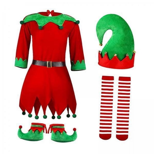 Disfraz de ,Disfraz de Navidad Disfraces de Halloween para mujer,Disfraz conjunto de ropa Traje de Navidad Cosplay,Sombrero de fiesta Medias altas a rayas Vestido de noche,Medias con