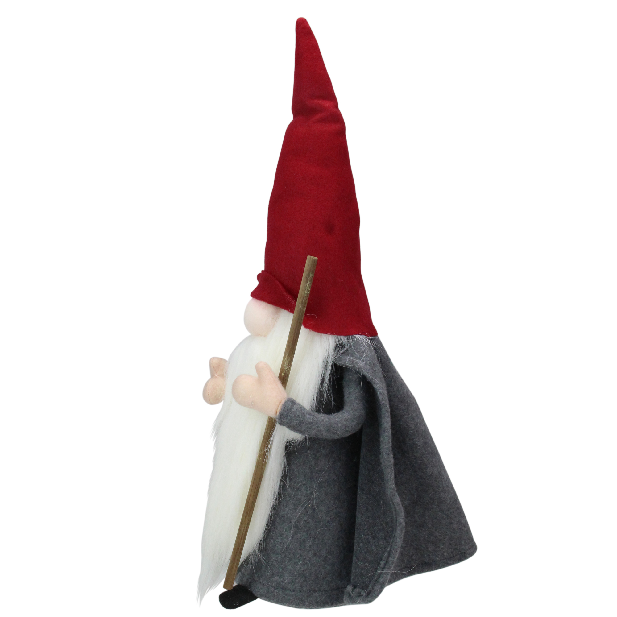 18" Standing Big Nose Gnome in Grey Red Holding a Stick